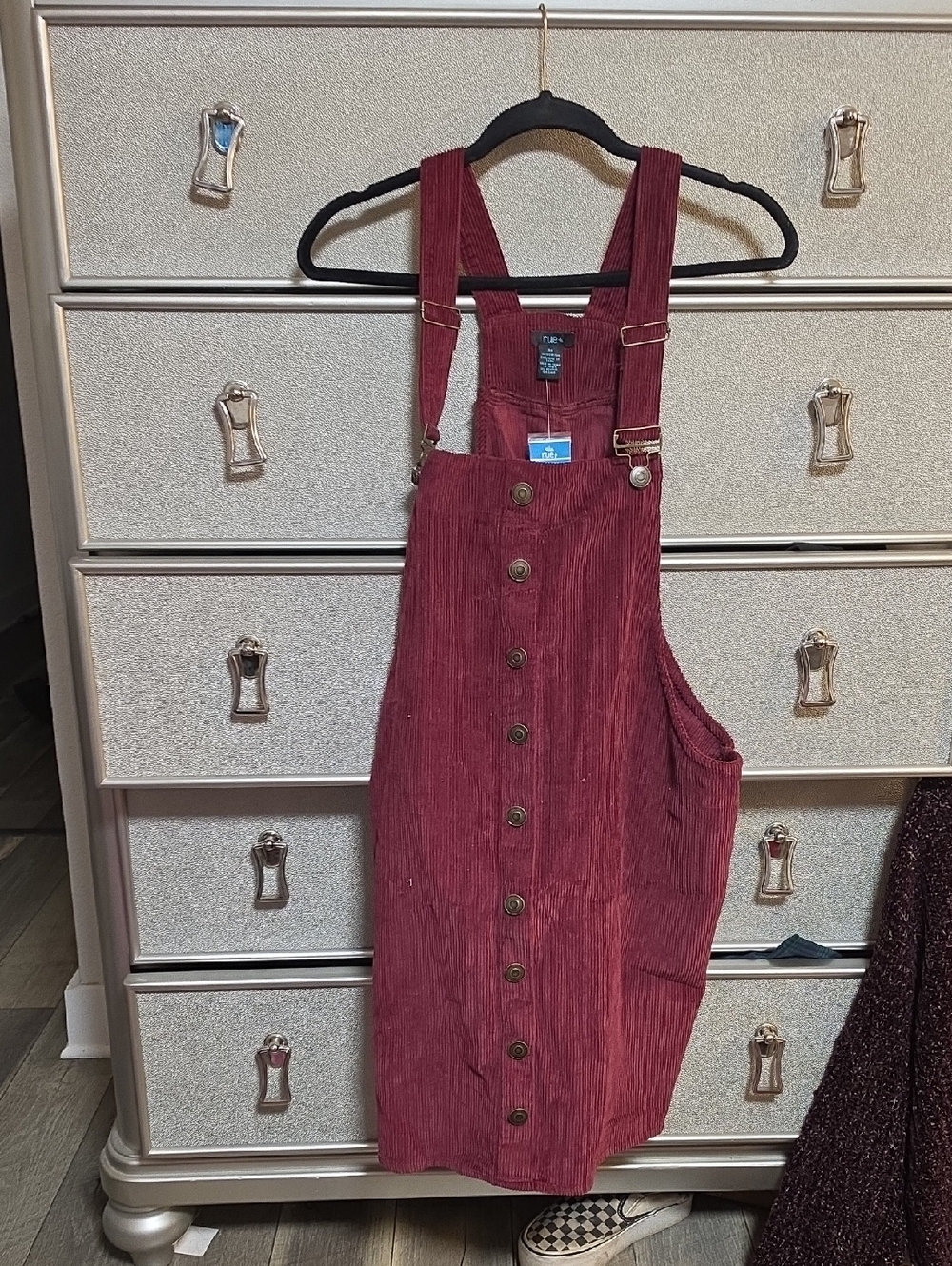 Corduroy Button-Up Overall Dress in Deep Wine